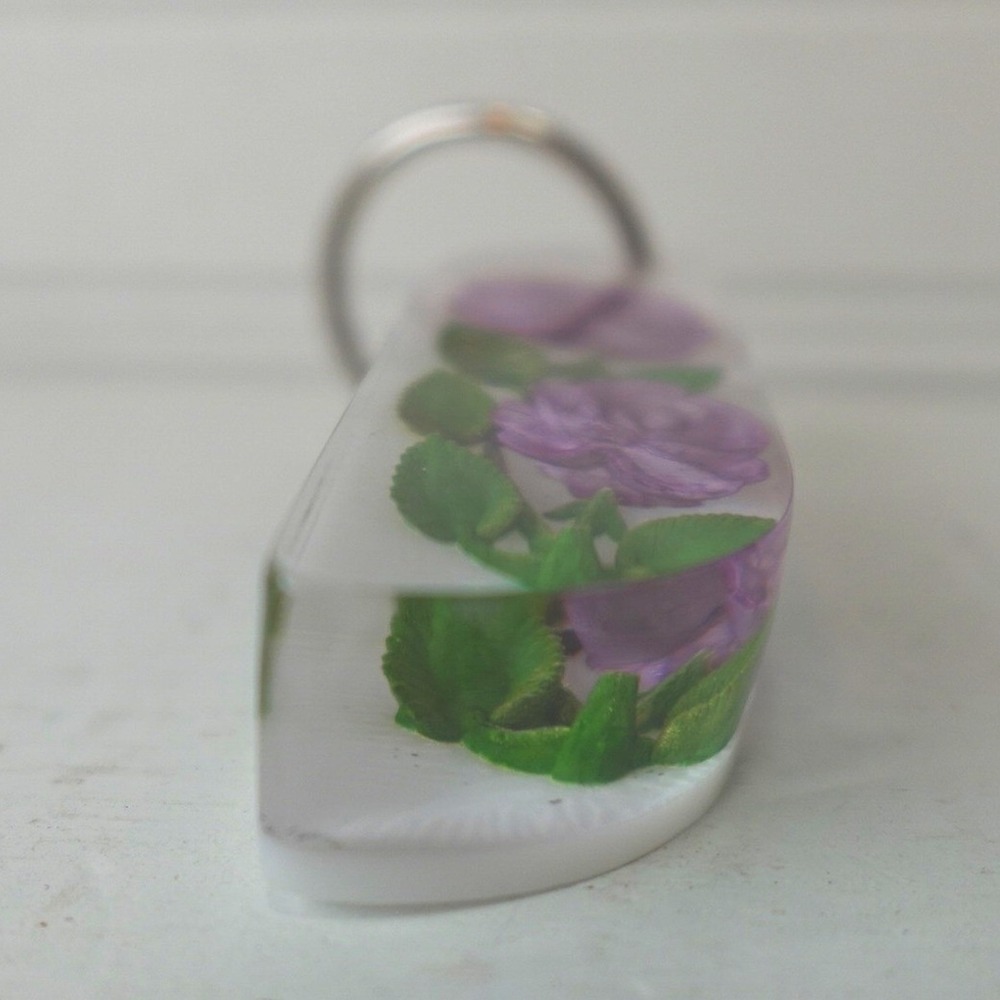 Purple Flower Keychain Bag Charm Two Stem Roses Handmade Resin Fob Holder - Picture 8 of 8